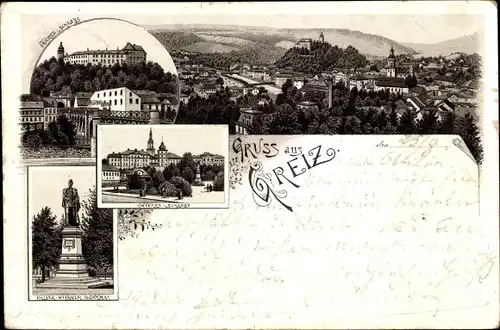 Litho Greiz in Thüringen, Oberes Schloss, Unteres Schloss, Kaiser Wilhelm Denkmal, Totale vom Ort