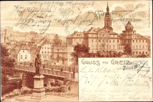 Litho Greiz in Thüringen, Fürstl. Residenzschloss, Kaiser-Wilhelm-Denkmal