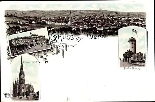 Litho Gera in Thüringen, Ferberturm, Johanniskirche, Bahnhof, Panorama vom Ort