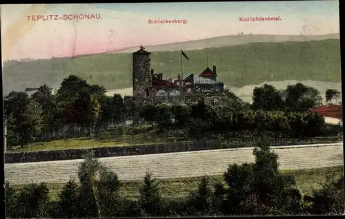 Ak Teplice Šanov Teplitz Schönau Region Aussig, Kudlichdenkmal, Schlackenburg