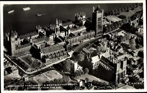 Ak City of Westminster London England, Houses of Parliament, Westminster Abbey, Luftbild
