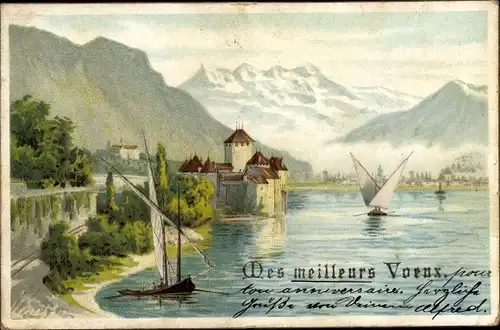 Litho Chillon Montreux Kanton Waadt, Chateau de Chillon