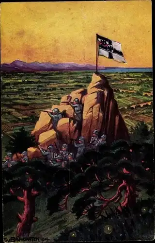 Künstler Ak Quingdao Tsingtau Kiautschou China, Beobachtungsposten, Kolonialkriegerdank