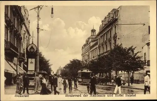 Ak București Bukarest Rumänien, Boulevard der Akademie und Hotel Bristol