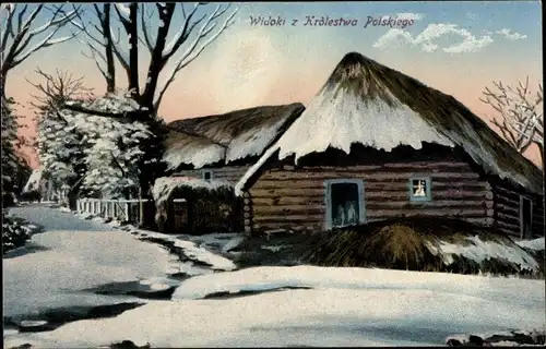 Ak Polen, Reetdachhaus im Winter