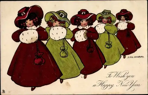 Künstler Ak Sandford, H. Dix., Glückwunsch Neujahr, Mädchen in Wintermänteln