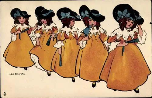 Künstler Ak Sandford, H. Dix., Mädchen in gelben Kleidern mit Hüten und Fächern