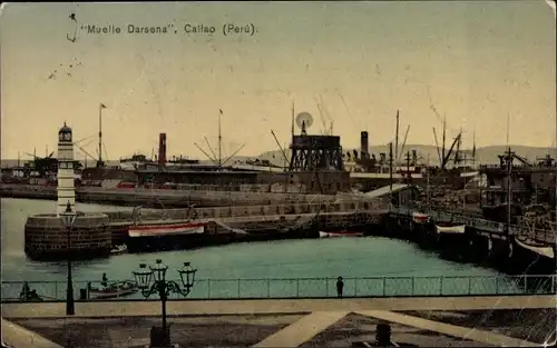 Ak Cailao Peru, Muelle Darsena, Hafenpartie, Leuchtturm