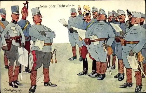Künstler Ak Schönpflug, Fritz, KuK Soldaten in Uniformen, Sein oder Nichtsein