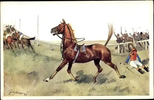 Künstler Ak Schönpflug, Fritz, Jockey ist vom Pferd gefallen, Pferderennen