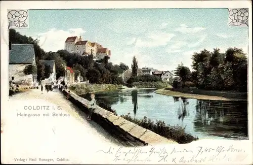 Ak Colditz in Sachsen, Haingasse mit Schloss
