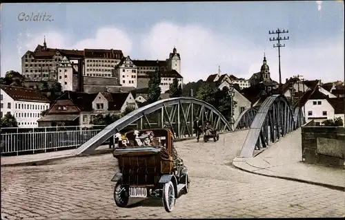 Ak Colditz in Sachsen, Schloss, Brücke, Automobil