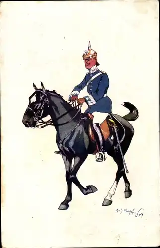 Künstler Ak Schönpflug, Fritz, Soldat in Uniform auf einem Pferd
