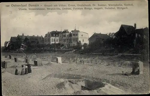 Ak Ostseebad Bansin Heringsdorf auf Usedom, Strand mit Villen, Ernst, Gradehand, Dr. Sander, Seehof