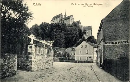 Ak Colditz in Sachsen, Partie an der hinteren Haingasse mit Schloss, Restaurant