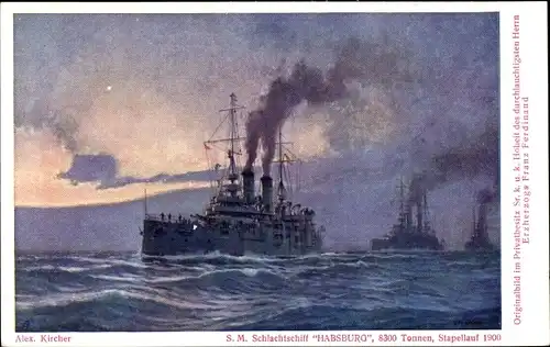 Künstler Ak Kircher, Alex, Österreichisches Kriegsschiff, SMS Habsburg, Schlachtschiff