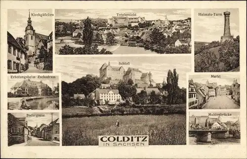 Ak Colditz in Sachsen, Heimatsturm, Markt, Schloss, Kirchgäßchen,Badergasse,Erholungsheim Zschadrass