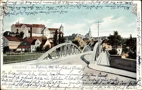 Ak Colditz in Sachsen, Muldenbrücke mit Schloss und Kirche