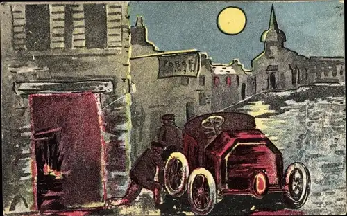 Künstler Mondschein Ak Auto Reparatur vor einer Schmiede, P. L.