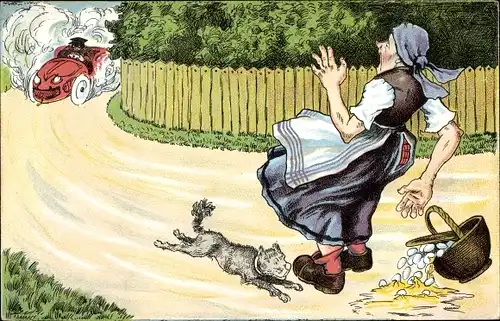 Ak Rennwagen auf der Landstraße, Bäuerin mit Hund am Straßenrand