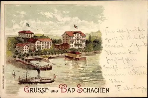 Litho Schachen Lindau Bodensee, Gasthäuser mit Dampfer