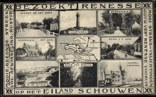 Ak Renesse Eiland Schouwen Zeeland, Vuurtoren, Dorpsplein, Kerk, Kasteel Moermond, Duinen