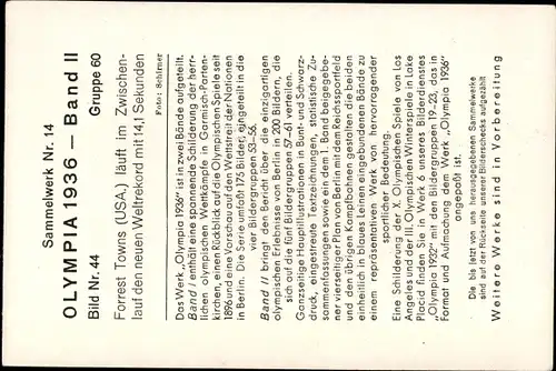 Sammelbild Olympia 1936, Hürdenläufer Forrest Towns