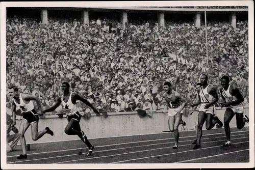 Sammelbild Olympia 1936, 4x100m Staffellauf, Jesse Owens, Metcalfe