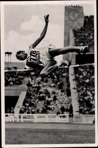 Sammelbild Olympia 1936, Hochsprung beim Zehnkampf, Robert Clark