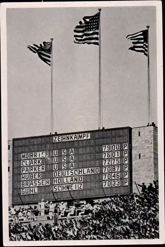 Sammelbild Olympia 1936, Punktetafel, Zehnkampf, Morris, Clark, Parker, USA