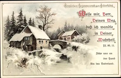 Ak Glückwunsch Geburtstag, Ps. 86, 11, Schneebedeckte Häuser, Winterlandschaft