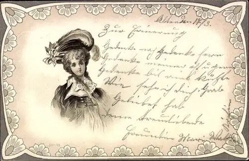 Jugendstil Passepartout Litho Portrait einer jungen Frau, Federhut