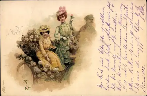 Litho Frauen mit Blumen in einer Kutsche