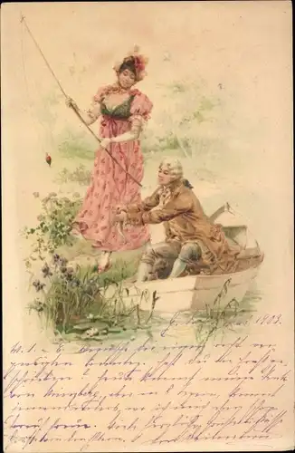 Litho Mann im Ruderboot entfernt Fisch von der Angel einer Frau am Ufer