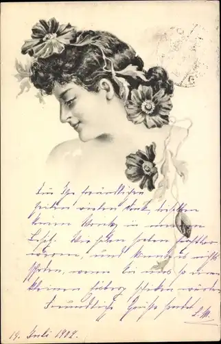 Jugendstil Litho Portrait einer Frau mit Blumen im Haar