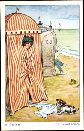 Ak Ein Feinschmecker, Hund klaut Unterhose einer Frau in der Umkleidekabine, Strand