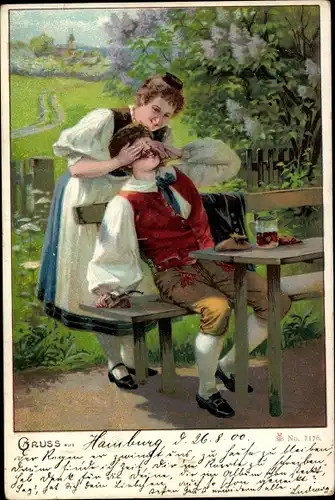 Litho Frau hält Mann die Augen zu, Liebespaar