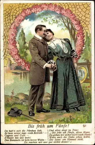 Gedicht Präge Litho Bis früh um Fünfe, Liebespaar