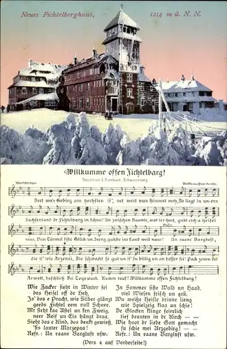 Lied Ak Oberwiesenthal Erzgebirge, Neues Fichtelberghaus, Willkumme offen Fichtelbarg