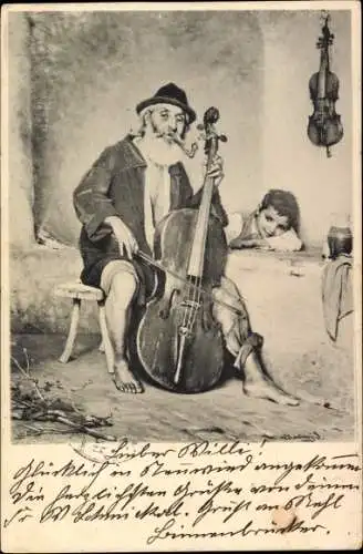 Künstler Ak Mann mit Pfeife und Cello, Violoncello, Junge