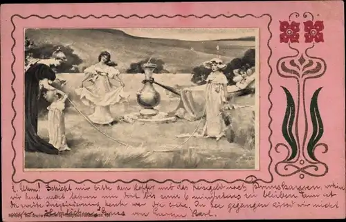 Passepartout Ak Frauen und Mädchen mit Springseil auf einer Wiese