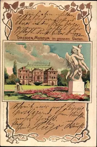 Litho Dresden Altstadt, Museum im Grossen Garten, Statue