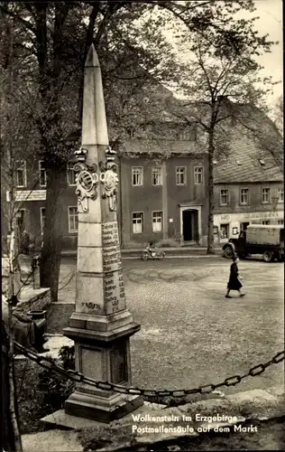 Ak Wolkenstein im Erzgebirge, Postmeilensäule auf dem Markt