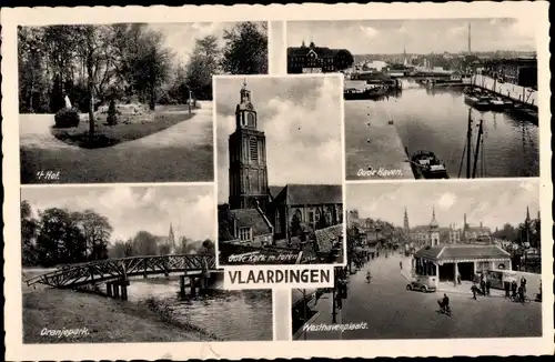 Ak Vlaardingen Südholland, Stadhuis, Oranjepark, Westhavenplaats, 't Hof, Oude Kerk m. toren