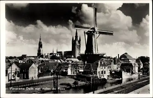 Ak Delft Südholland Niederlande, Panorama met molen de Roos