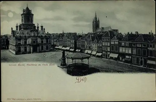Ak Delft Südholland Niederlande, Groote Markt, Stadhuis en Oude Kerk