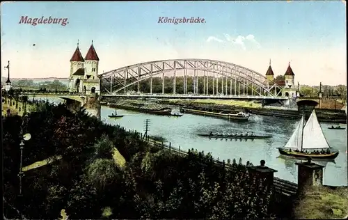 Ak Magdeburg an der Elbe, Königsbrücke, Segelboot