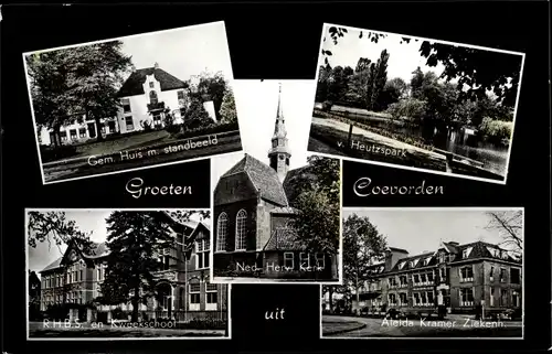 Ak Coevorden Drenthe, Gem. Huis, standbeeld, v. Heutzspark, Ned. Herv. Kerk, Aleida Kramer Ziekenh.