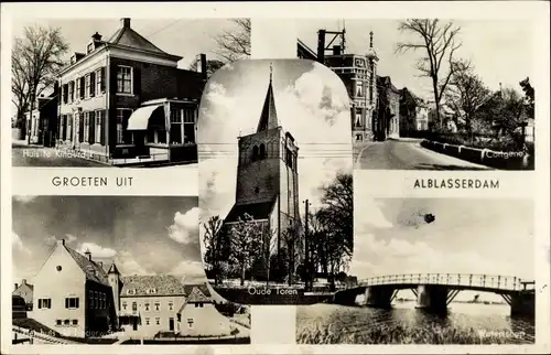 Ak Alblasserdam Südholland, Huis te Kinderdijk, Oude Toren, Brücke