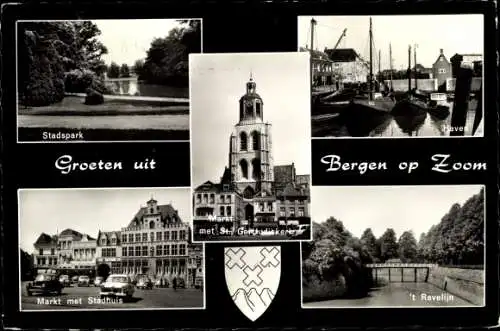 Ak Bergen op Zoom Nordbrabant Niederlande, Markt, Kirche, Hafen, Rathaus, Parkanlage